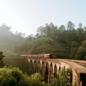 Scenic view of Nine Arches Bridge with train passing through lush greenery in Sri Lanka.